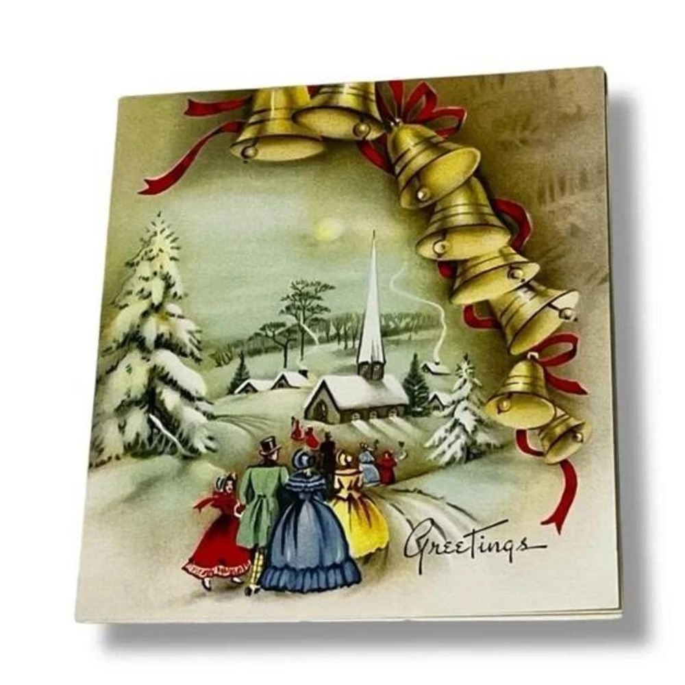 Greetings Victorian Families Going to Church Bells Vintage Christmas Card EBX